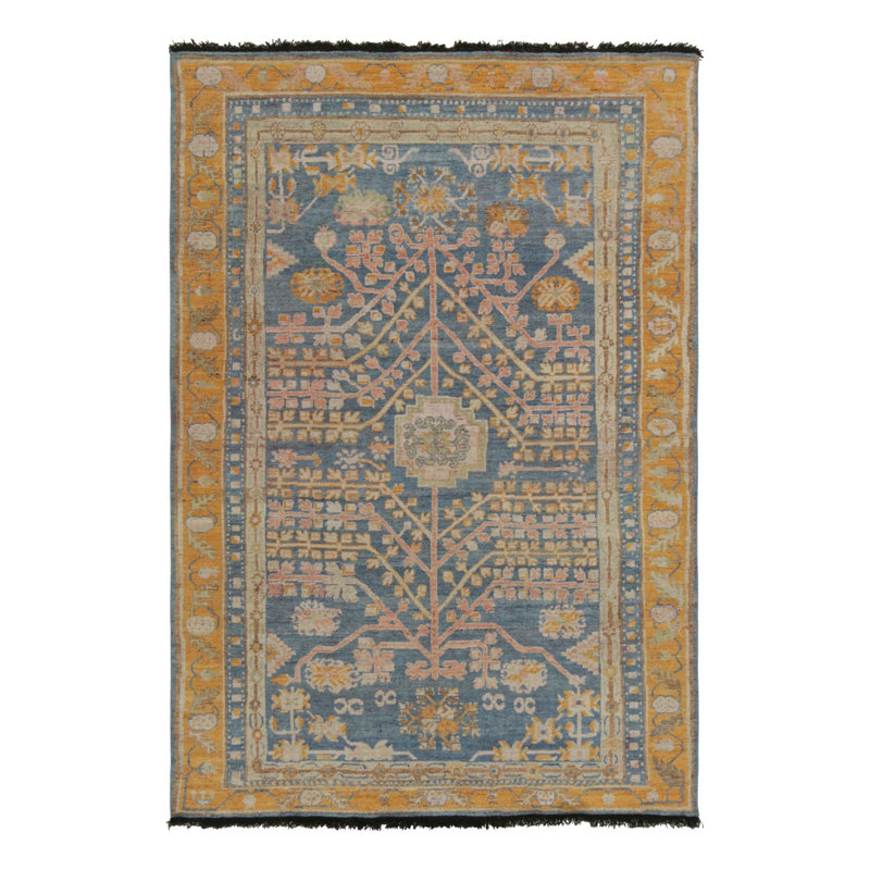 Rug & Kilim’S Khotan Rug In Blue, Gold And Pink Geometric-Floral Patterns, Rectangle 6' x 9'