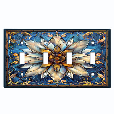 Metal Light Switch Plate Cover;  Standard Size 4 Gang Toggle - White Flower Stained Glass Print