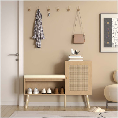 2-In-1 Shoe Storage Bench, PP Rattan Shoe Cabinet With 2 Adjustable Shelves And Removable Seat Cushion, Modern Entryway Bench, Shoe Storage Organizer, Shoe Rack For Hallway, Bedroom
