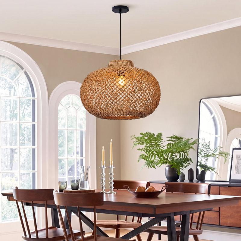 Luminaire suspendu en rotin pour îlot de cuisine, abat-jour sphérique en rotin, H 14,17 po x l 19,69 po x P 19,69 po