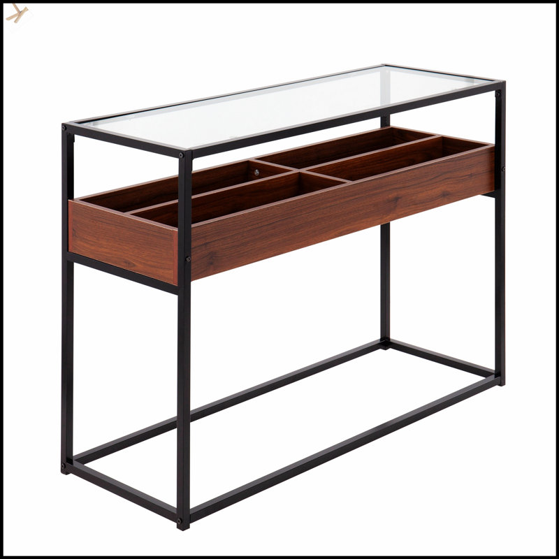 Console contemporaine avec structure en métal et plateau en verre transparent, pour un rangement et une présentation modernes