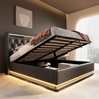 Queen Size Upholstered Storage Bed with 360° LED, USB Type-C Charging, Remote & App Control, Hydraulic PU Platform, Black