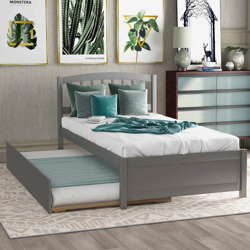 Structure de lit plateforme simple en bois avec lit gigogne, gris