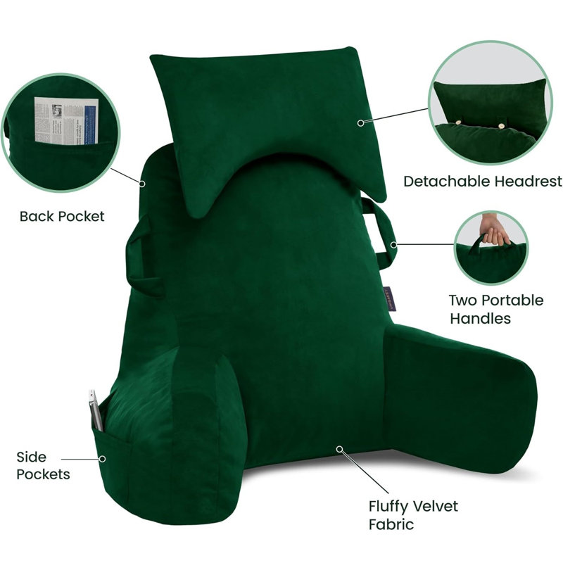 Portable Reading Pillows With Headrest For Bed Sitting Up, Back Pillow With Arms & Pockets,For Dorm/Reading/Watching/Gaming