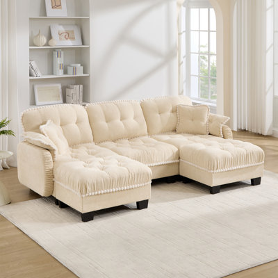 Chenille Cloud U-Shaped Sofa with 4 Pillows, Movable Ottoman Pom-Pom Trim Quilted Tufted Cushion Ergonomic Design, Easy Assembly Deep Seat Couch for Living Room Office, Apartment, Cream Beige