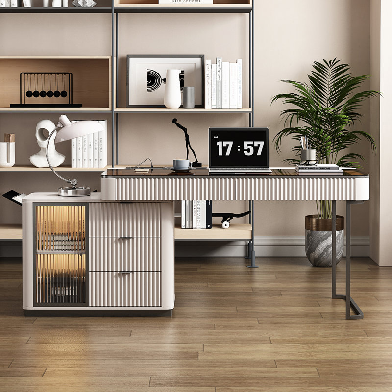 Dibora Glass Excutive Desk with Built in Outlets Very easy to assemble, White/Gray, 29.5" H x 50" W x 23" D