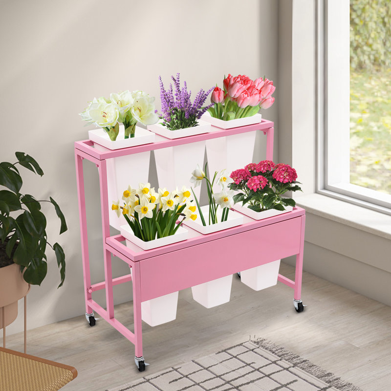 Présentoir à fleurs en métal à 2 niveaux avec seaux de 6 pièces, Rose