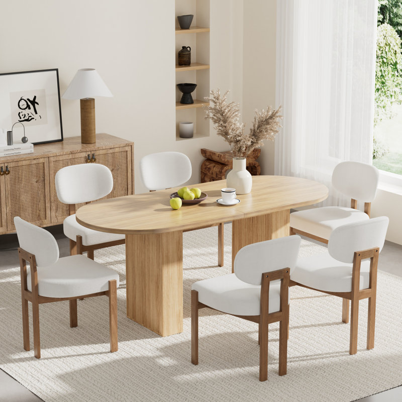 Ensemble de table de cuisine ovale à double piédestal, 7 pièces: table, 6 chaises, Beige, Naturel