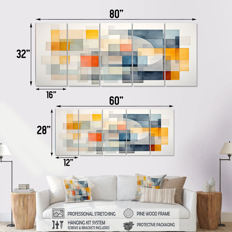 "Multicolor Cubes Motifs IV 5 pièces" - 5 pièces, H 28 po x l 60 po