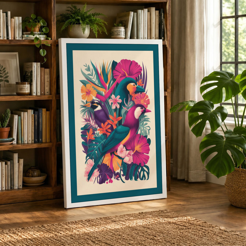 Teal Bird Among Blooms Botanical 1 Piece Wrapped Canvas Wall Art, 36x24 - 91.4 x 61.0 cm, Terracotta Border
