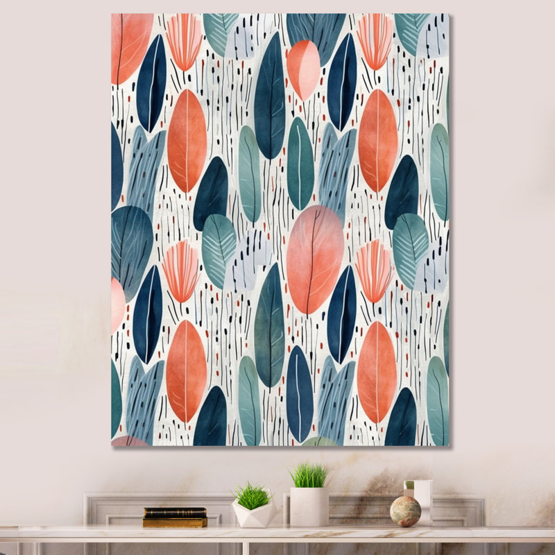 Corail bleu sarcelle scandinave fleurs II - art mural abstrait pour le salon, Toile tendue, H 44 po x l 34 po x P 1,5 po