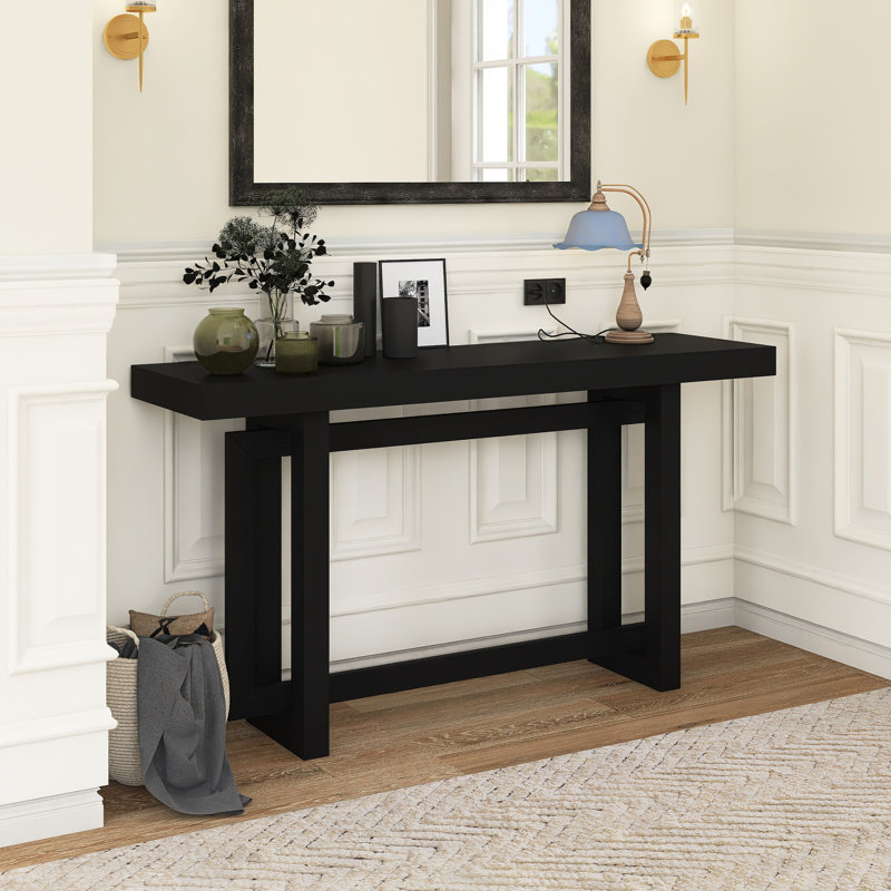 Console de 59,1 po avec pieds en bois de pin épais 59,1 po, Noir, Noir