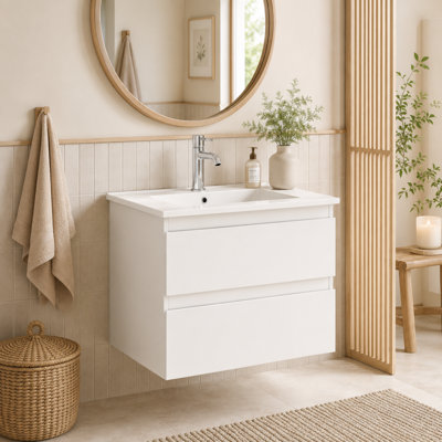 Ensemble de meuble-lavabo simple 24 po avec 2 tiroirs et lavabo en céramique intégré, blanc