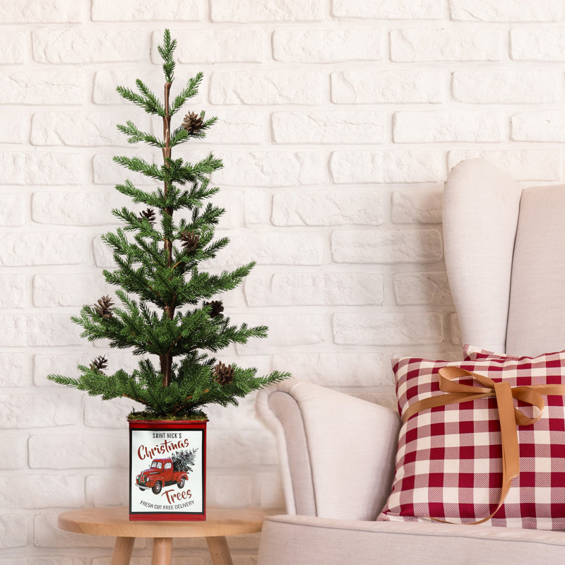 24-Inch Unlit Fir Christmas Tree with Pinecones in Red Metal Pot