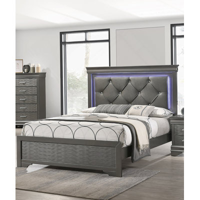 Tête de lit capitonnée en similicuir gris foncé avec grand lit 1pc et bois à texture unique gris foncé FB