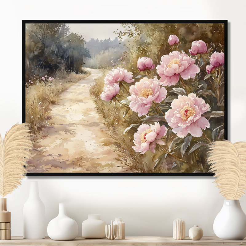 Pivoines le long de l'allée de la ferme II - impressions sur toile surdimensionnées florales, H 30 po x l 40 po, Noir