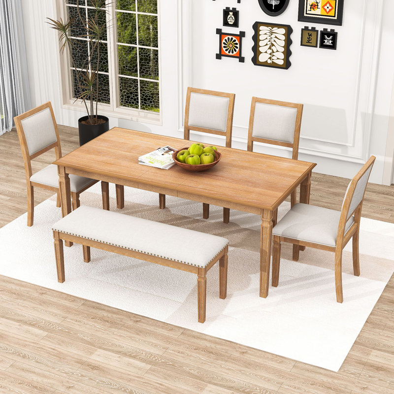 6-Piece Dining Table Set, Vintage Extendable Table with Removable Leaf, Upholstered Chairs and Bench, Natural Wood Wash