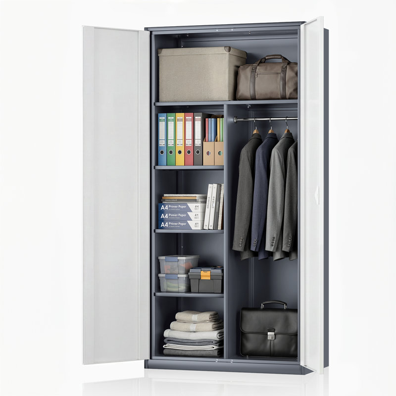 72" Metal Storage Cabinet, Storage Wardrobe Organizer with Hanging Rod, Locking Door and Adjustable Shelves, Gray/White