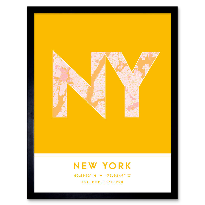 New York NYC United States City Map Yellow 1 Piece Single Picture Frame Wall Art