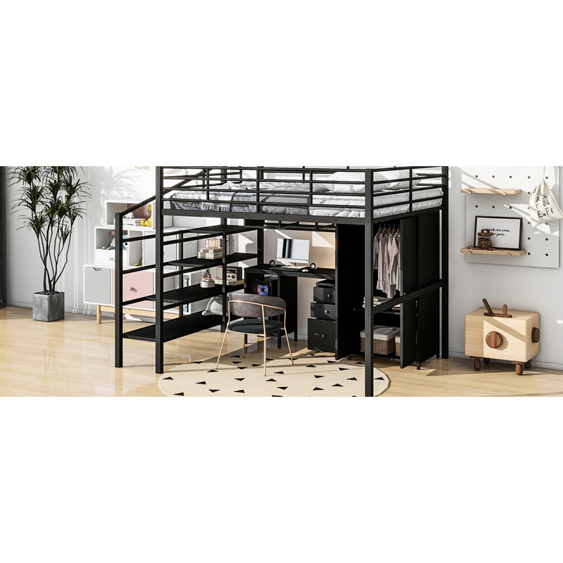 Lit mezzanine en métal avec table et garde-robe, double, aspect noir contemporain, construction stable, options de rangement, instructions et conception faciles à assembler, installations robustes, fonctionnement sans effort