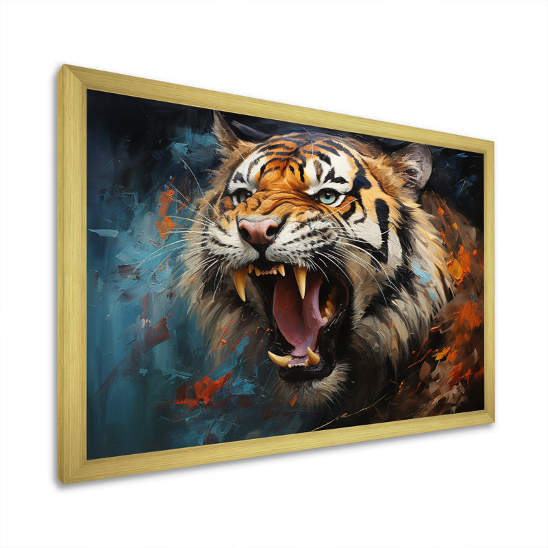 Tiger Roaring Majesty Collage II - Animals Canvas Art Print, H 34 po x l 44 po x P 1,5 po, Encadrement doré