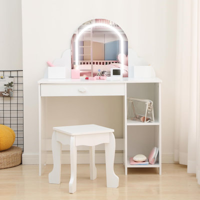 Kids Vanity with Lighted Mirror and Lights, Vanity Set with Mirror and Stool, Kids Makeup Vanity Table with Drawer and Open Shelves, Toddler Vanity