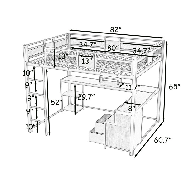Queen Two Drawers Metal Loft Bed With Desk And Ladder