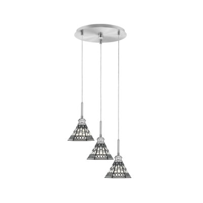 Edge 3 Light Cluster Pendalier Shown In Brushed Nickel Finish With 7" Pewter Art Glass