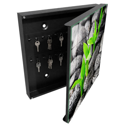 Key box for home, Opens to the right, 30x30x5, Black, Green leaves among wet stones, 
