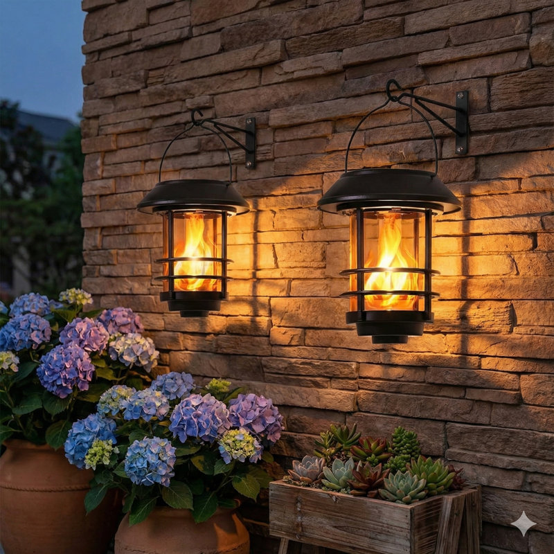 Solar Lanterns Outdoor Waterproof, 2 Pack Flickering Flames Wall Garden Decor With Glass Shade, Hanging Solar Lights Wall Mount Decorations For Halloween, Front Porch, Patio, Yard