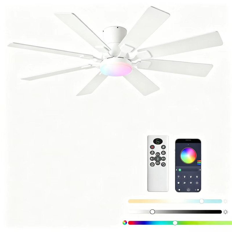 52 inch Ceiling Fan with Light, 6 Speeds Reversible Low Profile Ceiling Fan with Light and Remote/APP Control, 3 Color Temp+Dimmable RGB, 8 Blades, Flush Mount Quiet Ceiling Fans, White