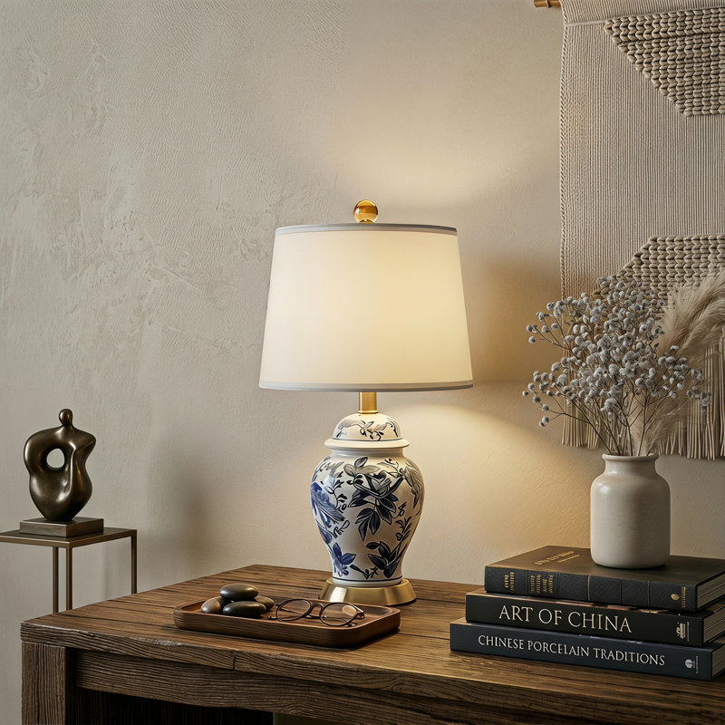 23" Classic Blue White Ceramic Table Lamp, 3-Way Dimmable