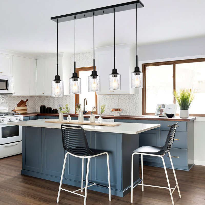 Lustre 5 lumières pour îlot de cuisine, luminaire suspendu moderne en métal avec abat-jour en verre ensemencé pour îlot de cuisine Bar Cafe.