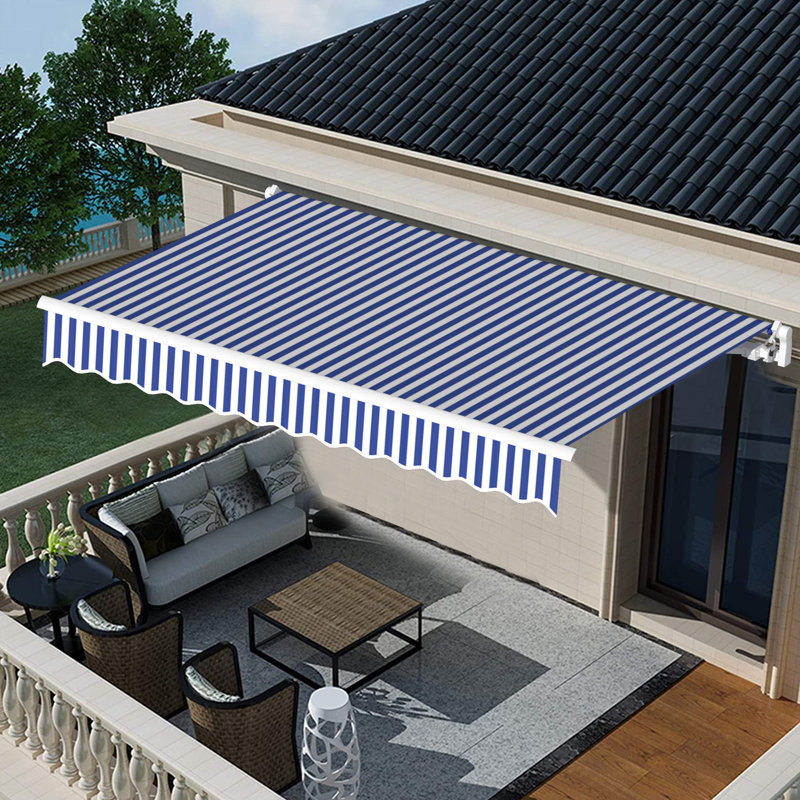 Auvent de terrasse à inclinaison manuelle, H 63,6 po x l 157,2 po x P 98,4 po, Bleu / blanc