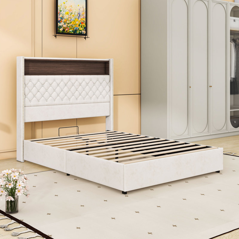 Structure de lit en velours capitonnée avec port USB et veilleuse, Beige, Double