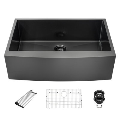 36" Gunmetal Black Farmhouse 16 Gauge Stainless Steel Kitchen Sink with Grid and Strainer