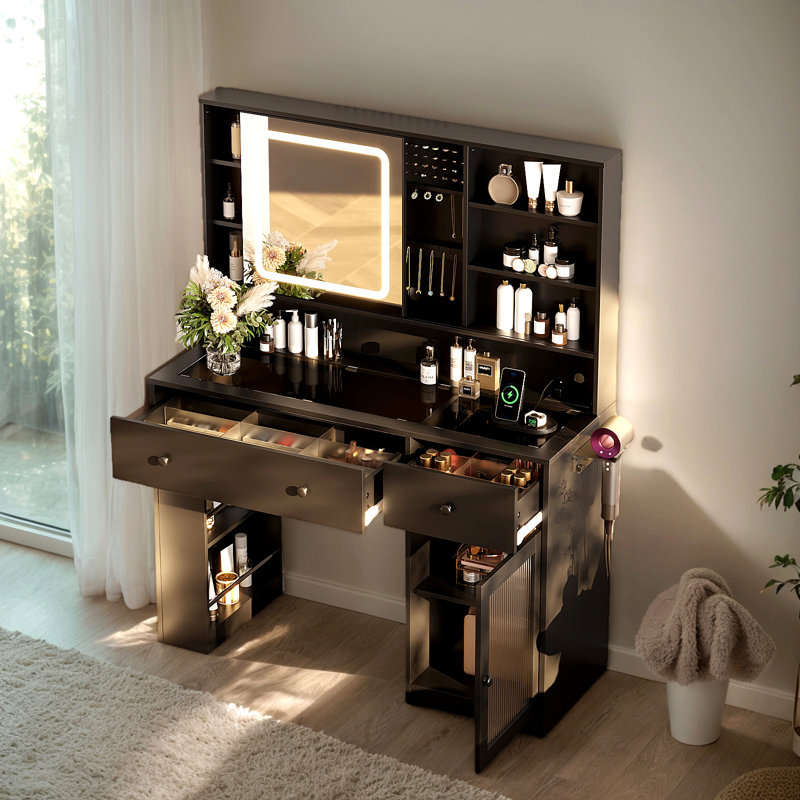 Lighted Vanity Table - LED 3-Color Touch Mirror, Glass Top, 2 Drawers, Black