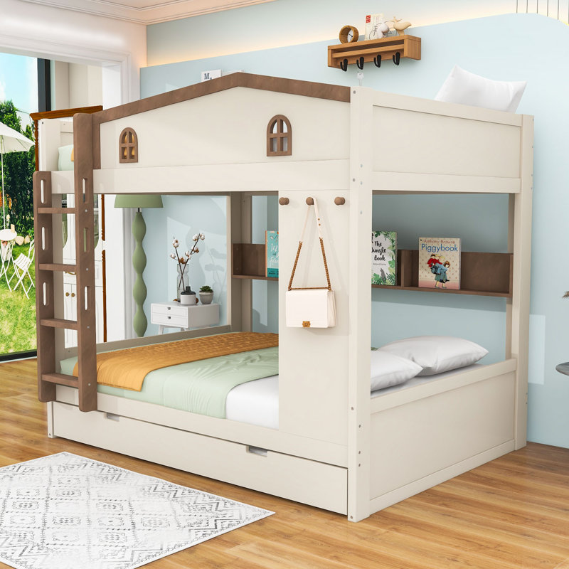 Lit superposé en bois avec tablettes de rangement et lit gigogne, Lit superposé grand sur grand, Naturel beige