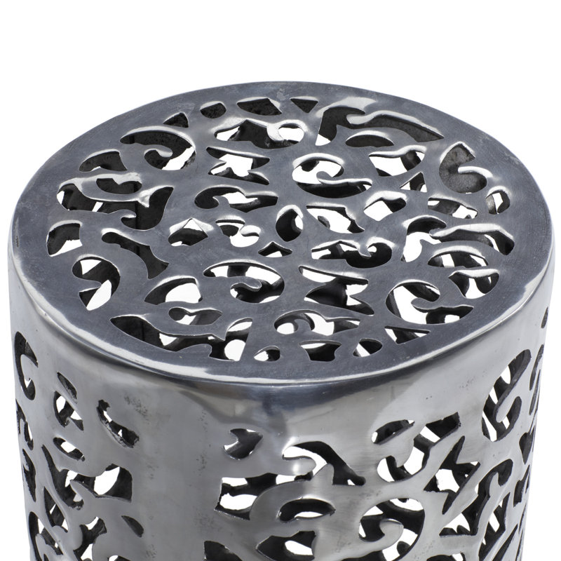 Polished Silver Round Metal Accent Table with Precision Cut Design