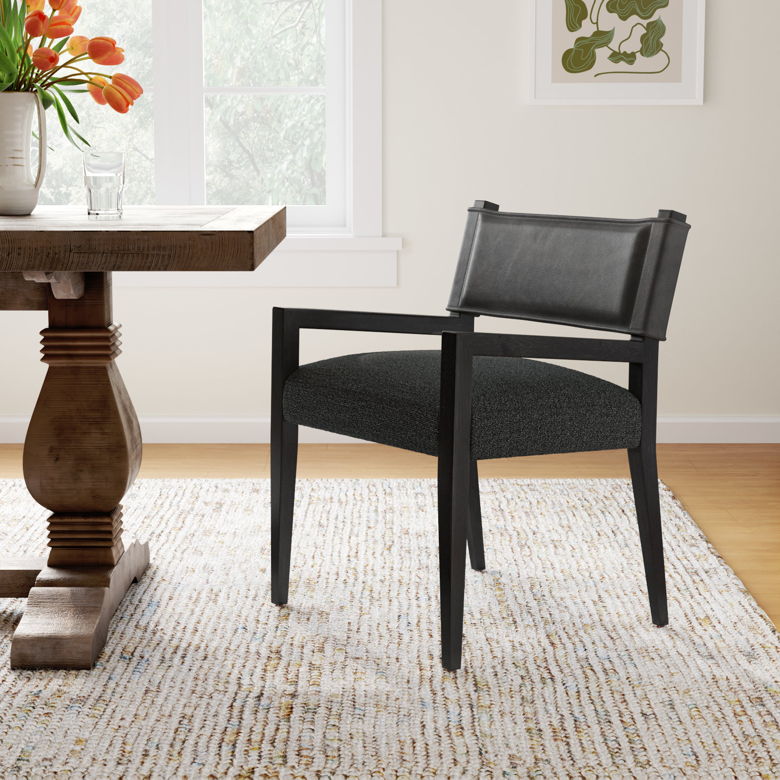 Lorretta Oak Dining Armchair, Black Polyester/Polyester Blend, Black Ash