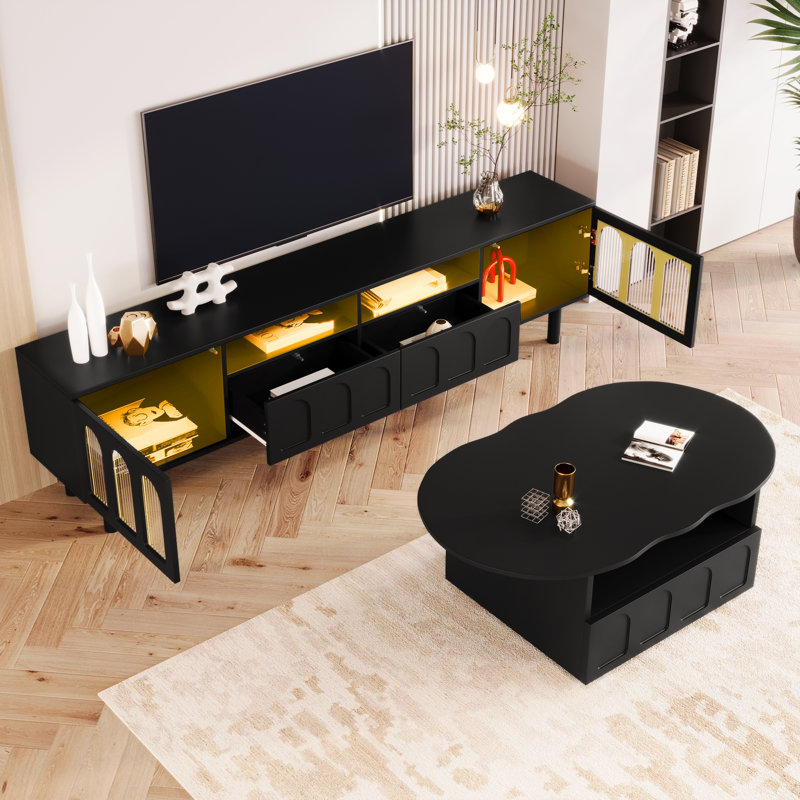 Meuble télé et table basse de style crème, ensemble de 2, Noir
