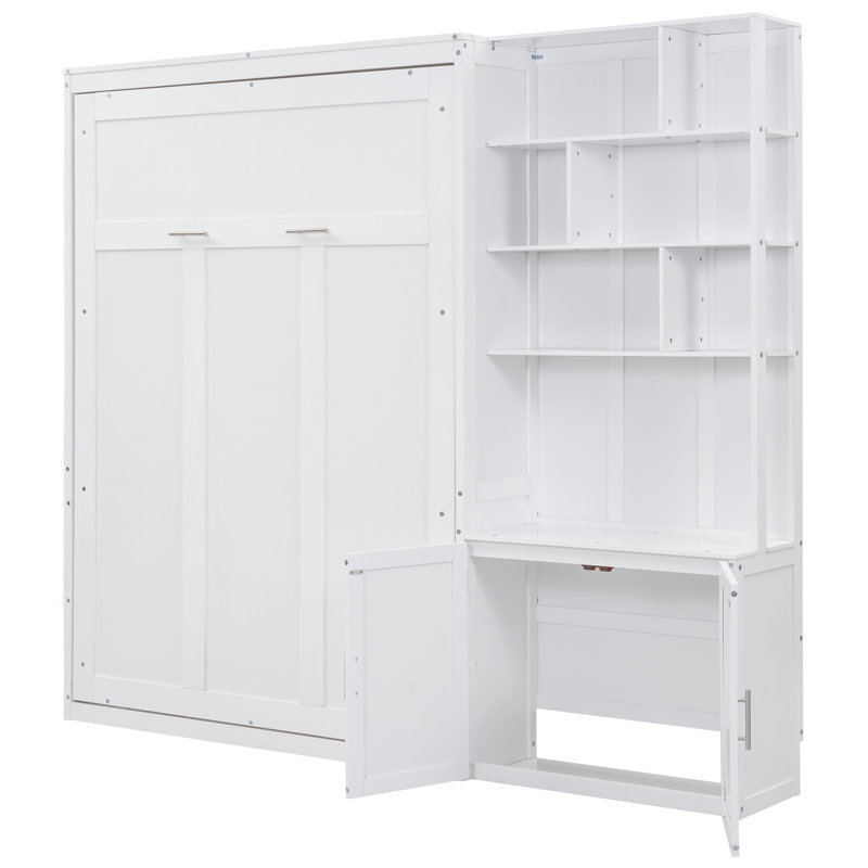 Lit double avec plusieurs tablettes et armoire de rangement, blanc