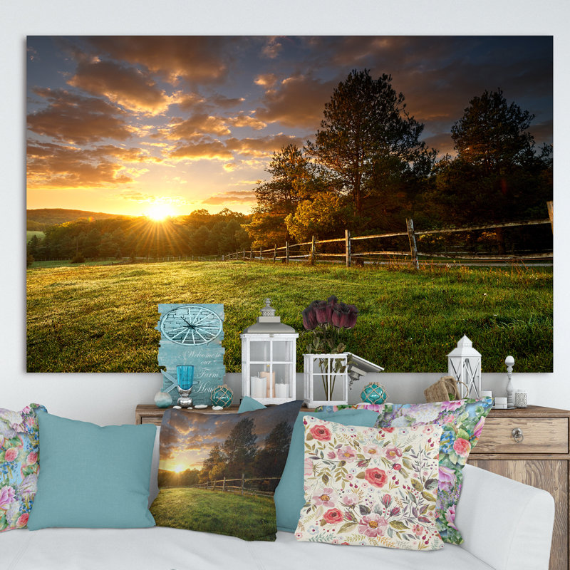 Fenced Ranch at Sunrise' Photographic Print, 40" H x 60" W, No Frame, Wrapped Canvas