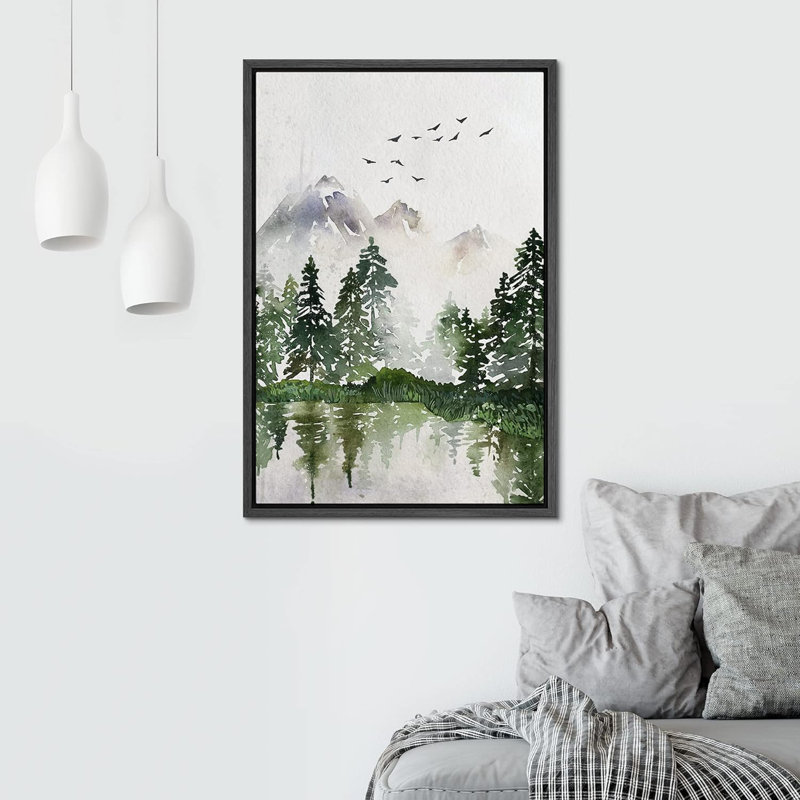 Paysage de forêt Woodland «Pastel Watercolor Misty Mountain Forest» sur, Cadre flottant noir, H 24 po x l 16 po