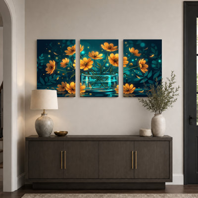 Floral Glow Art Canvas Wrapped Wall Art Oil Painting Print Set Of 3 For Living Room Bedroom Home Decor