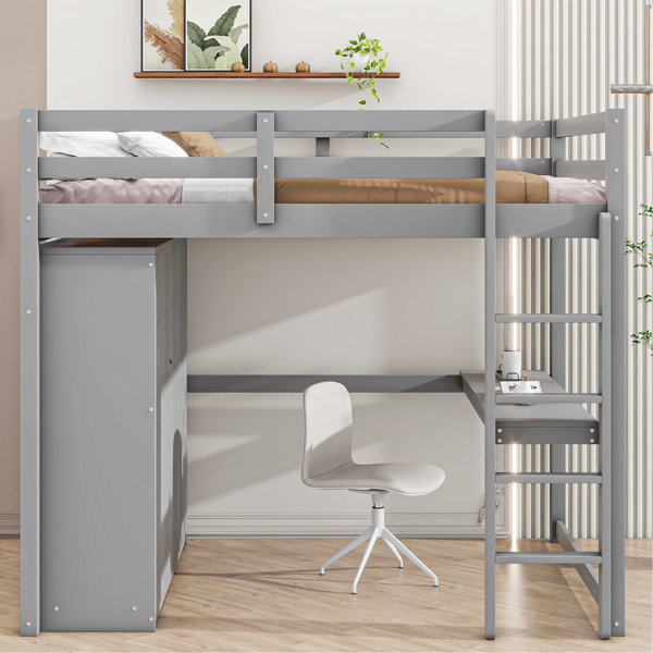 Ebern Designs White Wood Full Size Loft Bed With Built-In Storage ...