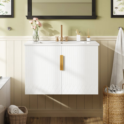 Vintage Bathroom Vanity with Ceramic Sink and 2 Soft Closing Doors for Storage