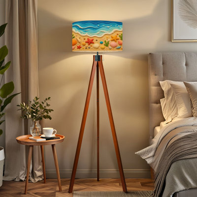 Tripod Standing Lamp Colorful Clay Beach Seashells Waves Remote Controlled Dimmable LED Floor Lamp with Beech Wood Legs & Detachable Linen Shade for F
