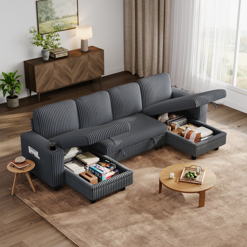 Sherry 106“  Upholstered Modular U-Shape Modular Sectional with Storage, Charging & Cup Holders, Milo Gray Corduroy, 4 Pieces
