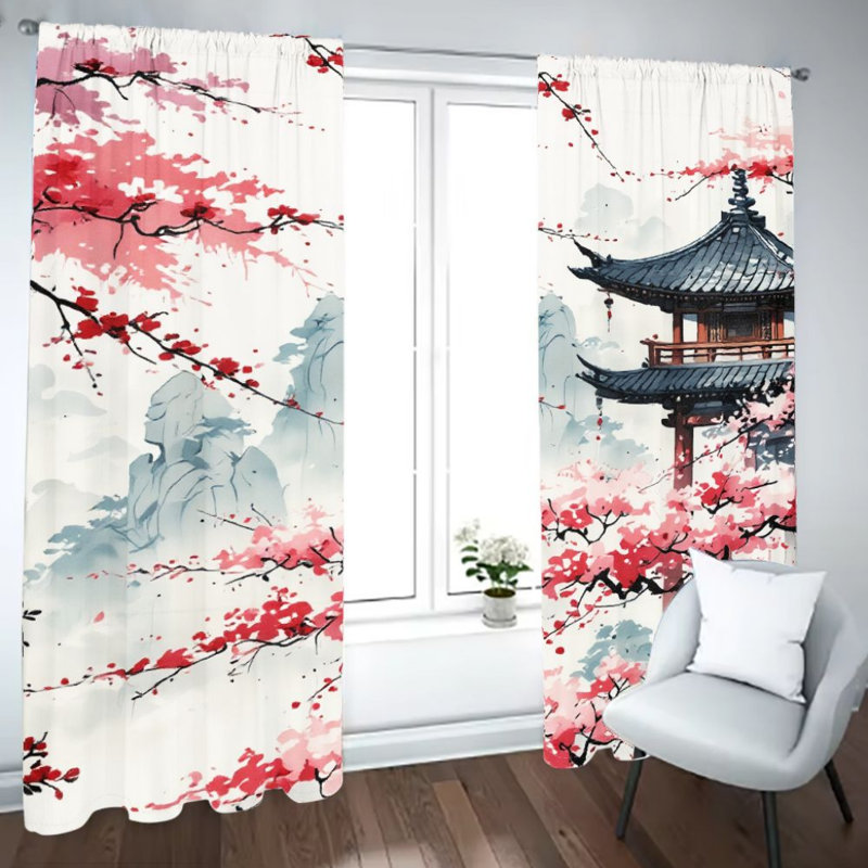 2Pcs Japanese Style Cherry Blossom Pagoda Curtains, Ink Wash Painting Scenery  Light Filtering Curtain For living bedroom Kitchen Rod Pocket Window Drapes, Traditional Asian Art Treatment